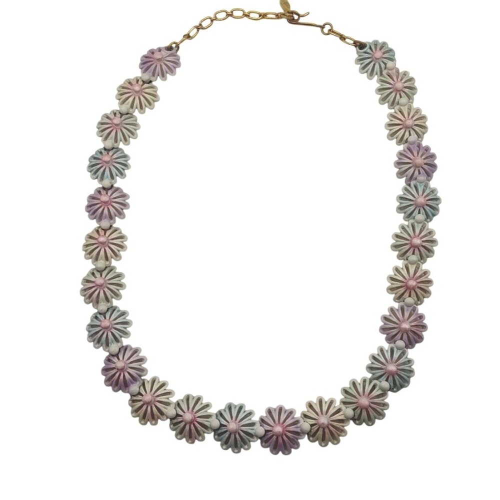 Vintage Pastel Flower Necklace W/Gold-Tone Chain Adjustable Length Retro Floral